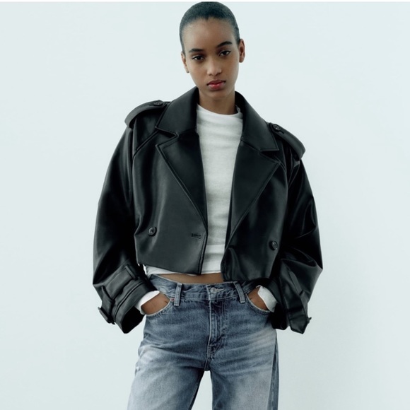 ZARA BLACK OVERSIZED CROPPED FAUX LEATHER TRENCH - Picture 1 of 5